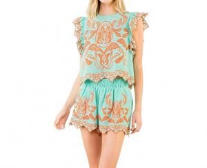 NEW THML lollie embroidered shorts in jade / coral
